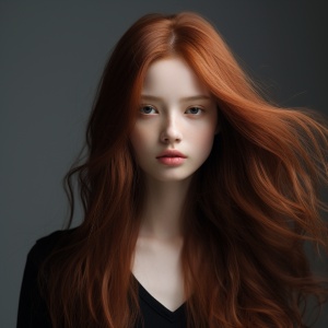 一个红色头发的女孩，长发在灰色背景上摆姿势，在中国文化主题的风格中，哈苏500cm，深黑色和浅米色，明显的面部特征，hallyu，mote kei，闪亮有光泽