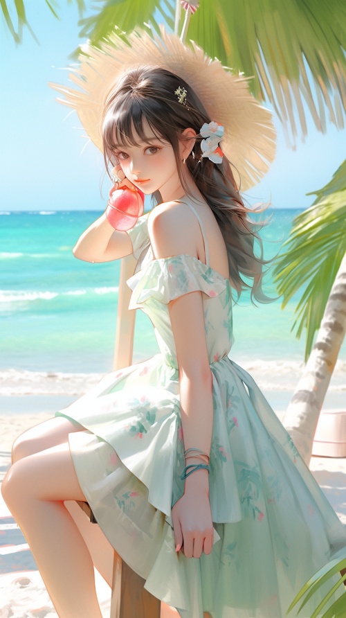 清纯甜美少女，海边沙滩，紧身衣，比基尼泳衣，椰子树下，全身照
