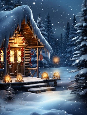圣诞节主题手机壁纸，有雪花，麋鹿，彩灯，小木屋