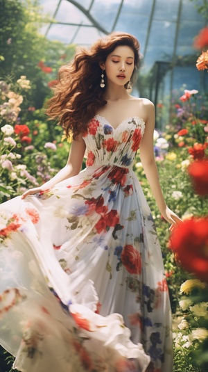 A beautiful girl wearing a large floral dress is running in the garden filled with various flowers,Color bias is Kodak Vision3 250D5207