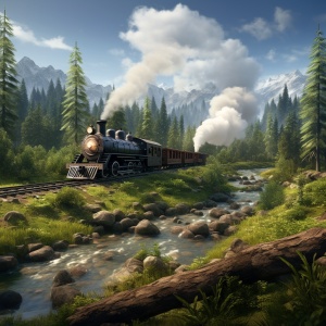 森林草原，蒸汽火车，河流木桥，小木屋