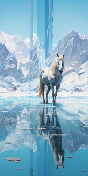 晶莹剔透的冰面，群山环绕，白雪皑皑，马爬犁
