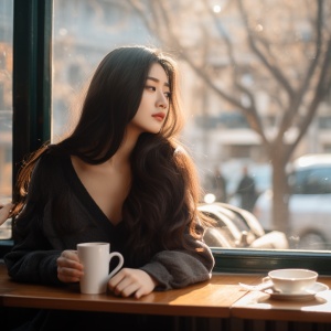 中国美丽女子长发 身材饱满 城市冬日的午后 咖啡厅 热咖啡 远眺窗外 写真 高冷 高清 环境优美的咖啡厅 身材饱满