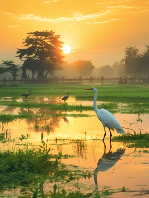 陕南湿地，田野里面是葱绿的稻子，有几只朱鹮何水鸟觅食，旁边有农户的房屋，周边有大树，树上有朱鹮飞回和再天空展翅飞翔。夕阳光辉何光影很漂亮