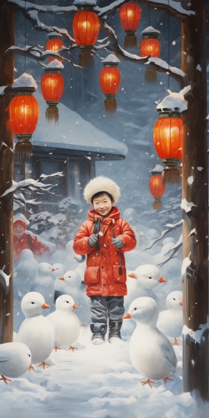 鹅毛大雪，雪乡小镇，红灯笼，雪人，中国小孩