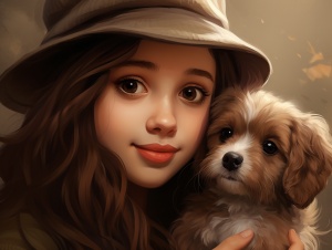 一个女孩，长发飘飘，大眼睛，棕色头发，戴着帽子，手机牵着一只可爱的小狗，