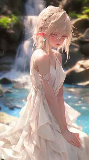 the main character of a girl in a white dress is posed next to a waterfall, in the style of light gold and purple, anime aesthetic, 32k uhd, changelingcore, realistic anatomies, , bold figuration