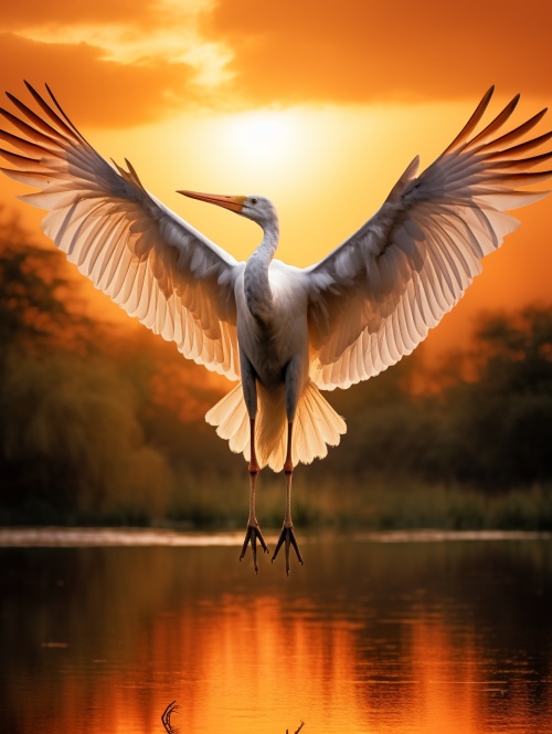 a white stork with its wings spread out in the sunset, in the style of mesmerizing optical illusions, light yellow and dark orange, sunrays shine upon it, gongbi, i can't believe how beautiful this is ar 35:52