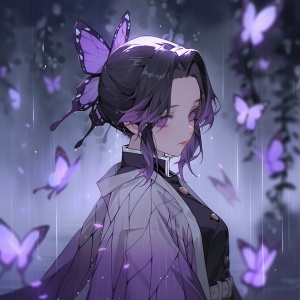 漆黑夜晚的紫色蝴蝶汉服女孩