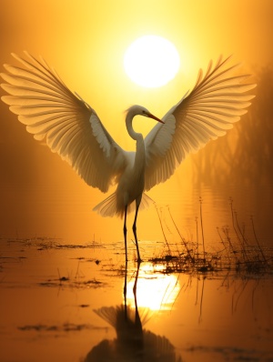 silhouette of a white bird at sunrise, in the style of fantastic creatures, light orange and light black, uniformly staged images, gongbi, sunrays shine upon it, exaggerated poses, i can't believe how beautiful this is ar 35:52