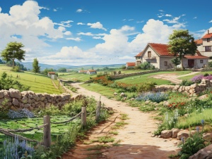 乡村自建房，左边菜地右边花草，晴空石板路