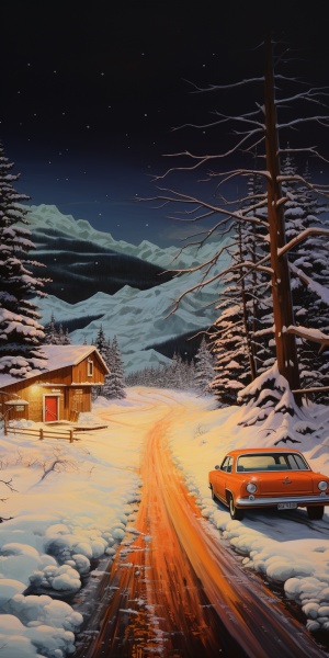 江边公路的枫叶白雪景色中的小木屋与闯子灯光