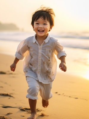 清晨，初升太阳，沙滩上一个亚洲奔跑可爱小男孩的侧面，远处是大海，有柔和光线体现，景深层次，高清摄影作品，背景干净