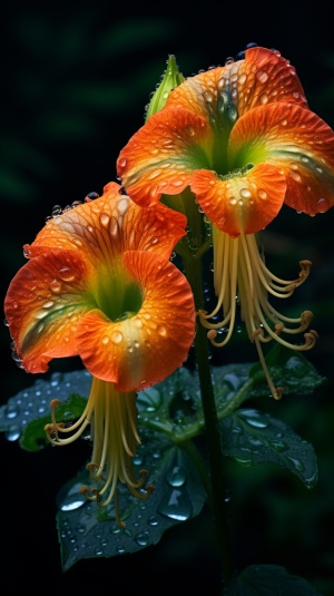 a colorful glowing trumpet flower bloomed seven or eight times, ready to bloom, drenched in rain. the green garden background was ultra high definition, realisticquality 2 chaos 40 style raw