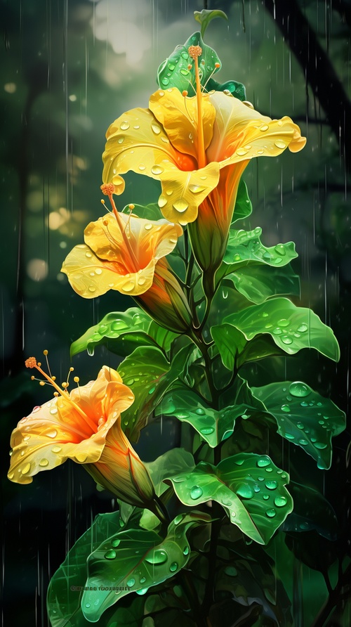 a colorful glowing trumpet flower bloomed seven or eight times, ready to bloom, drenched in rain. the green garden background was ultra high definition, realisticquality 2 chaos 40 style raw