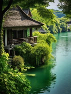 Jade Lake: A Serene Paradise with a Thatched Cottage