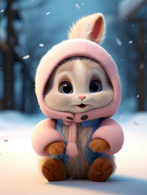 Tiny Cute Bunny in Casual Wear Sitting in Snow, Pixar Style