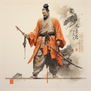 郑宇带着长剑，以hieratic visionary的风格，儒家思想，深米色和黑色，鞋画，深橙色和浅绿色，复杂的服装，创意共享归属