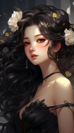 a close up of a woman with a flower in her hair, a character portrait, by Yang J, trending on cg society, fantasy art, anime girl wearing a black dress, beautiful render of tang dynasty, close up of a young anime girl, glowing porcelain skin, bust with a long beautiful neck, high detailed face anime, anime thai girl, gothic maiden anime girl niji 5 ar 2:3