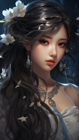 a close up of a woman with a flower in her hair, a character portrait, by Yang J, trending on cg society, fantasy art, anime girl wearing a black dress, beautiful render of tang dynasty, close up of a young anime girl, glowing porcelain skin, bust with a long beautiful neck, high detailed face anime, anime thai girl, gothic maiden anime girl niji 5 ar 2:3