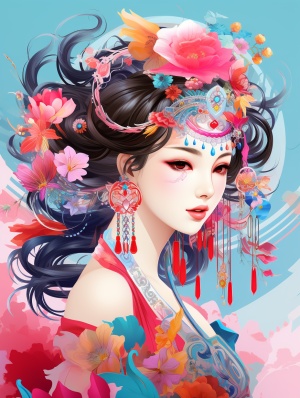Oriental Girl with Bright Pink and Colorful Hair Accessories
