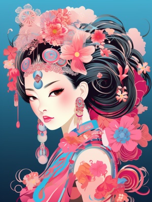 Oriental Girl with Bright Pink and Colorful Hair Accessories
