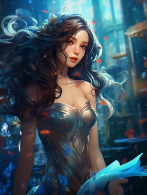 Beautiful Mermaid in Blue Sea with Charming Character Illustrations