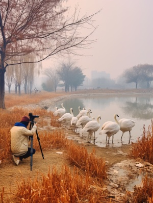 西安长安区有个樊川公园，冬日凋零，有几位摄影师位模特拍照，湖面有几只天鹅，草木枯黄，行人稀少，天空蔚蓝。