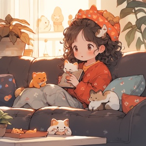 小女孩与可爱小猫的沙发时光