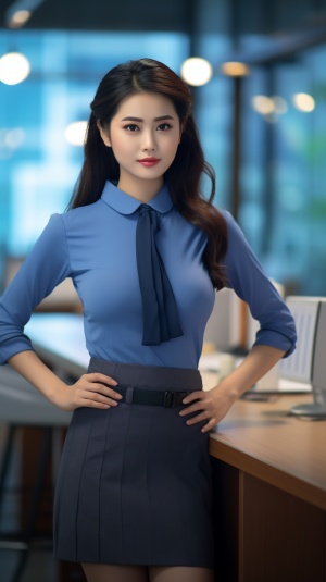 亚洲商务女性在办公室的蓝色商务裙子，在32k uhd，照片逼真的夸张，tokina opera 50毫米f1.4 ff，massurreasyle，rtx on，代表性，曲线形状的风格
