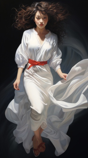 一个中国现代女人披肩发，白色连衣裙，(红色鞋)披肩发卷卷的，精致精致精致(全身）(远距离拍摄）