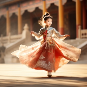 精致中国唐朝小公主在明亮背景下优雅舞动