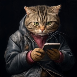 超高清的手机拟人化猫穿休闲衣服