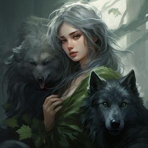 绿色风格的女孩与黑灰色的狼
