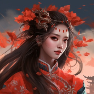 红色中国元素，中国风，一只龙在女孩后面，女孩风格不同，可盐可甜，也有帅气英姿飒爽的感觉