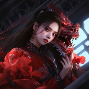 红色中国元素，中国风，一只龙在女孩后面，女孩风格不同，可盐可甜，也有帅气英姿飒爽的感觉