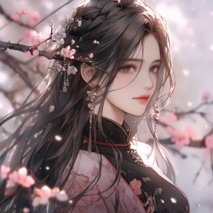 中国女生穿黑色汉服，樱花飘落，超高清电影质感