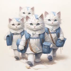 蓝白小奶猫 背书包 和朋友一起上学