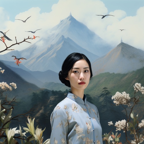 一位具有亚洲语言的女性站在亚洲山前，以细致的肖像画，深白色和浅蓝色，政治，黄光健，照片蒙太奇，妈妈的电话录音，鸟类和花朵的风格