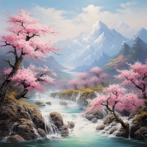 桃花源似的景区，有碧蓝色的瀑布，朵朵桃花，青色的远山，洁白无瑕的白云，。