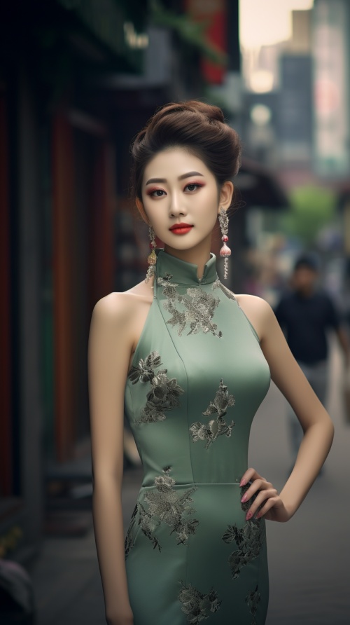 美女，20岁，中国，五官端正，古代发饰，穿着华丽的浅绿色修身旗袍，站在街上，全身照！！！，超高清，超分辨率，大师杰作。