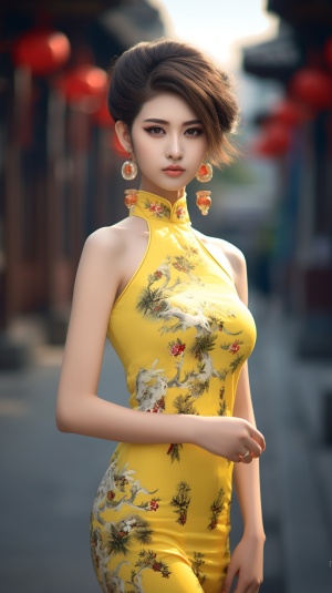 美女，20岁，中国，五官端正，古代发饰，穿着华丽的浅黄色修身旗袍，站在街上，全身照！！！，超高清，超分辨率，大师杰作。