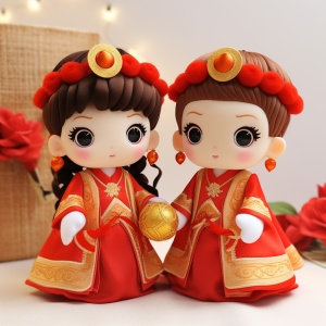 中国夫妇穿红色古代婚服，胖乎乎的可爱风格