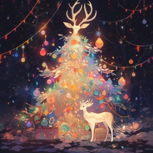 绚丽的圣诞树饰品与可爱的麋鹿