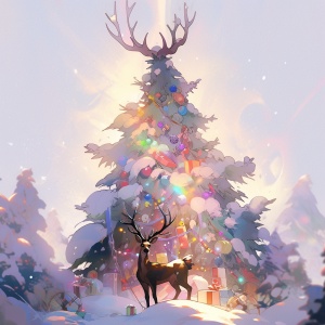 一颗圣诞树，上面布满了彩灯，各种装饰物，还有一只小麋鹿在树顶