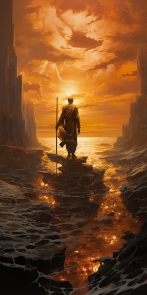 黄昏时刻一位剑客站在山崖上身边有刻这金，木，水，火，土，风，雷，冰，光，暗的元素球。望着下面人山人海的敌人