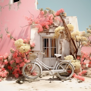 在街道上的一辆自行车旁边的鲜花，在乡村生活，乡土建筑，视频拼贴，刀同乐，浅白色和粉红色，鲁本玛雅，历史意象的描绘风格