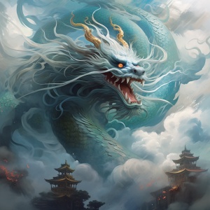 中国传统龙画法，风格强烈的面部表情，梦幻般的场景，如梦似幻，腾云驾雾。