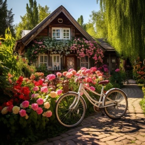 自行车停在房子外面，花草，菜园，环境优美