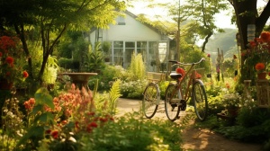 自行车停在优美的菜园旁